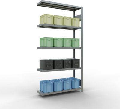 Schulte Lagertechnik Système de rayonnage à tablettes emboîtable MULTIplus 250, rayonnage annexe, verrou de longueur, 2000x1000x300 mm, 5 tablettes, galvanisé