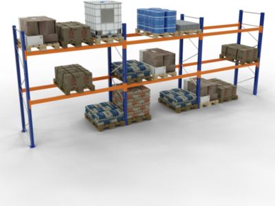 Schulte Palettenregal, Grundregal, B 8444 x T 1100 x H 3000 mm, 3 Ebenen, Palettengewicht bis 800 kg, Feldlast 5395 kg, blau/orange