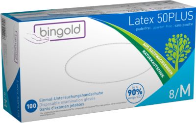 Schutzhandschuhe BINGOLD Latex 50PLUS, Einweg, puderfrei und chloriert, Latex, naturfarben, Größe M, 100 Stück