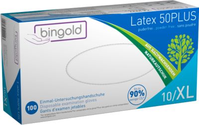 Schutzhandschuhe BINGOLD Latex 50PLUS, Einweg, puderfrei und chloriert, Latex, naturfarben, Größe XL, 100 Stück