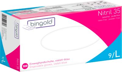 Schutzhandschuhe BINGOLD Nitril 35, Einweg, mikrotextuierte Fingerspitzen, puderfrei, Nitril, violettblau, Größe L, 100 Stück