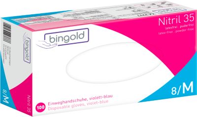Schutzhandschuhe BINGOLD Nitril 35, Einweg, mikrotextuierte Fingerspitzen, puderfrei, Nitril, violettblau, Größe M, 100 Stück