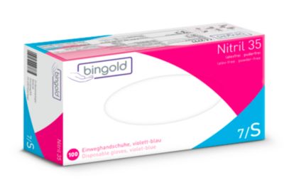 Schutzhandschuhe BINGOLD Nitril 35, Einweg, mikrotextuierte Fingerspitzen, puderfrei, Nitril, violettblau, Größe S, 100 Stück