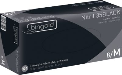 Schutzhandschuhe BINGOLD Nitril 35BLACK, Einweg, mikrotextuierte Fingerspitzen, puderfrei, Nitril, schwarz, Größe M, 100 Stück