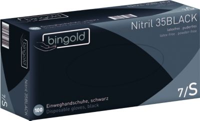 Schutzhandschuhe BINGOLD Nitril 35BLACK, Einweg, mikrotextuierte Fingerspitzen, puderfrei, Nitril, schwarz, Größe S, 100 Stück