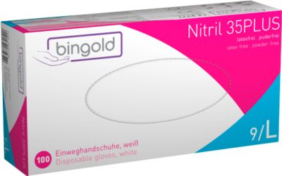 Schutzhandschuhe BINGOLD Nitril 35PLUS, Einweg, mikrotextuierte Fingerspitzen, puderfrei, Nitril, weiß, Größe L, 100 Stück