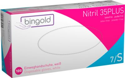 Schutzhandschuhe BINGOLD Nitril 35PLUS, Einweg, mikrotextuierte Fingerspitzen, puderfrei, Nitril, weiß, Größe S, 100 Stück