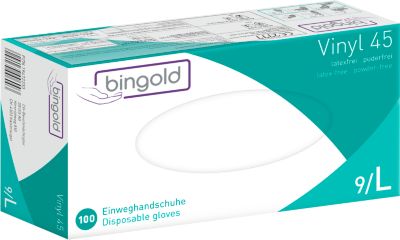 Schutzhandschuhe BINGOLD Vinyl 45, Einweg, latex- und puderfrei, unsteril, Vinyl, transparent, Größe L, 100 Stück