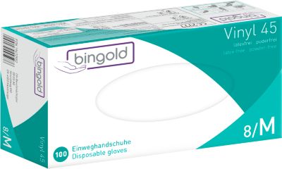 Schutzhandschuhe BINGOLD Vinyl 45, Einweg, latex- und puderfrei, unsteril, Vinyl, transparent, Größe M, 100 Stück