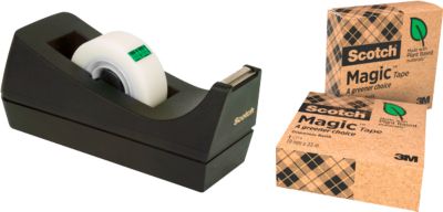 Scotch® C38 Tischabroller schwarz + Scotch® Magic™ Klebeband, mit 66 % pflanzlichem Klebstoff hergestellt, 19 mm x 33 m, inkl. 3 Rollen