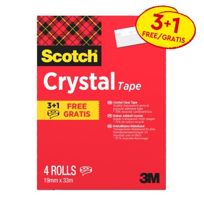 Scotch Klebeband Crystal, glänzend, transparent, B 19 mm x L 33 m, 3 Rollen + 1 GRATIS