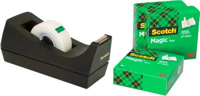 Scotch™ Schreibtisch-Klebebandabroller C38, Schwarz + Scotch® Magic™ Unsichtbares Klebeband, 19 mm x 33 m, inkl.3 Rollen