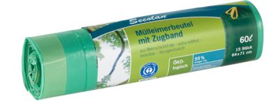 Secolan® Mülleimerbeutel, mit Zugband, 60 Liter, grün, 15 Stück