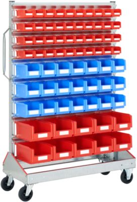 Sichtrollwagen f. Sichtlagerkästen, einseitig, B 1130 x T 510 x H 1705 mm, 40 x 0,7 l rot, 21 x 3 l blau, 10 x 7,5 l rot