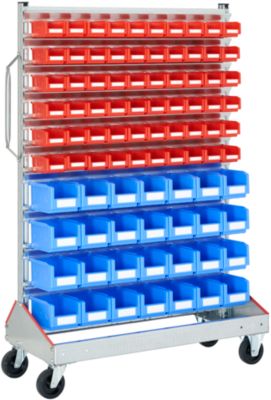 Sichtrollwagen f. Sichtlagerkästen, einseitig, B 1130 x T 510 x H 1705 mm, 60 x 0,7 l rot, 28 x 7,5 l blau