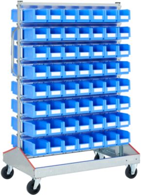 Sichtrollwagen f. Sichtlagerkästen, zweiseitig, B 1130 x T 710 x H 1705 mm, 112 x 3 l blau