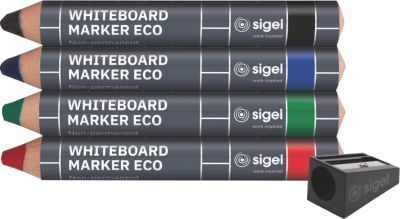 SIGEL Boardmarker Set BA013, 4-teilig, für Whiteboards/Glas-Magnetboards/Flipcharts, kegelförmig, Strichstärke 1-5 mm, mit Anspitzer, farbsortiert