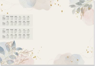 Sigel Papier-Schreibunterlage, Blätter‑Motiv, gold/rosé/blau, ca. A2, Kalender 2026/2027, DE/EN/FR/NL, 30 Blatt