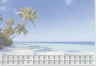 Sigel Papier-Schreibunterlage, Palmenstrand, blau, ca. A2, Kalender 2026/2027/2028, DE/EN/FR/NL, 30 Blatt
