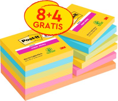 Sparpaket Post-it® Haftnotizen Super Sticky Notes 654-SS-CARN-P8+4, 76 x 76 mm, wiederablösbar, cellophanfrei verpackt, farbig, 8 Blöcke á 90 Blatt+ 4 Blöcke GRATIS