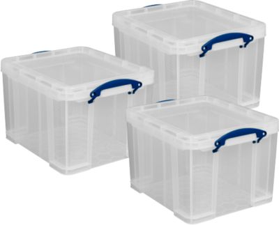 Sparset Really Useful Boxes, 3 Stück mit jeweils 35 l, verschließbare Griffe, mit Deckel, stapelbar, Polypropylen, transparent