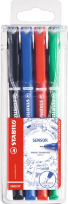 Stabilo Fineliner Sensor, Strichstärke 0,3 mm, metallgefasste Spitze, 4er Etui