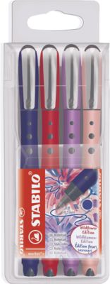 STABILO® Tintenroller worker+ NatureCOLORS Wildflower, Strichstärke 0,5 mm, Schreibfarbe blau, rutschfeste Oberfläche, Kunststoff, Etui mit 4 Schaftfarben