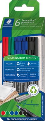 STAEDTLER Lumocolor permanent Folienstifte, 0,6 mm, nachfüllbar, DRY SAFE Technologie, schnell trocknend, farbsortiert, 6-er Set