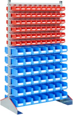 Ständerregal zweiseitig, B 1130 x T 700 x H 1885 mm, 120 x 0,7 l, rot + 84 x 3 l, blau