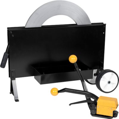 Stahlband-Umreifungsset, 1 x hülsenloses Umreifungsgerät SL 200/1, 1 x Stahlband-Spezialspule und 1 x fahrbarer Stahlband-Abrollständer