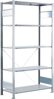 Steckregal Express, 5 Fachböden, Tragkraft 150 kg/Boden, Feldlast 1300 kg, Kreuzstreben, B 1000 x T 300 x H 2000 mm, Stahl
