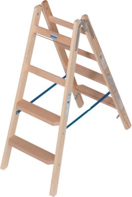 Stehleiter Krause, beidseitig, TRBS 2121-2, mit Eimerhaken, 2 x 4 Stufen/Sprossen, Holz