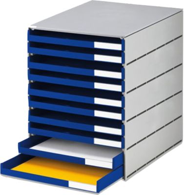 styro® Schubladenbox Styroval Pro, 10 Schubladen, offen,  DIN C4, Polystyrol, öko-grau/blau