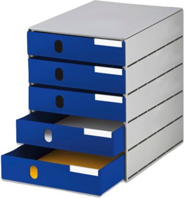styro® Schubladenbox Styroval Pro, 5 Schubladen, geschlossen, B 243 x T 335 x H 323 mm, DIN C4, Polystyrol, stapelbar, öko-blau