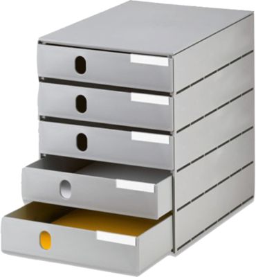 styro® Schubladenbox Styroval Pro, 5 Schubladen, geschlossen, B 243 x T 335 x H 323 mm, DIN C4, Polystyrol, stapelbar, öko-grau