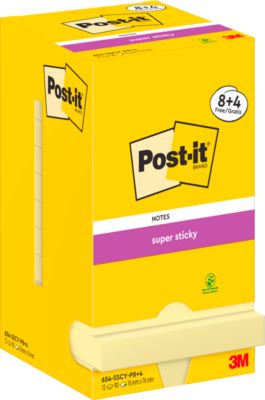 Super Sticky Post-it 654-SSCY-P8+4, 8 Blöcke, 90 Blatt je Block, je 76 x 76 mm, PEFC-zertifiziert, cellophanfrei verpackt, gelb + 4 Blöcke gratis