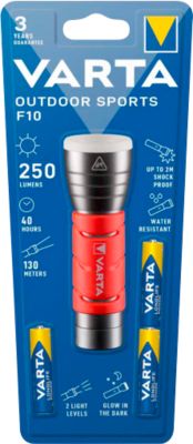 Taschenlampe VARTA Outdoor Sports F10, 250 lm, bis 130 m, bis 40 h, IPX4, 2 Leuchtmodi, nachtleuchtend, inkl. Batterien, Ø 40 x L 122 mm, rot-schwarz