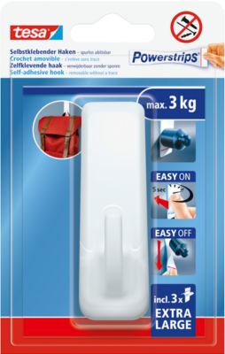 tesa® Klebehaken Extra Large, selbstklebend, 3 kg Haltekraft, wiederverwendbar, weiß, Rechteck
