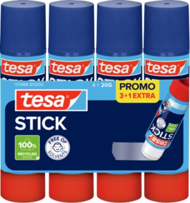 tesa® Klebestift STICK, Inhalt 20 g, mit Rollstopp, lösungsmittelfrei, Gehäuse aus 100 % Recycling-Kunststoff, 3 Stück + 1 gratis