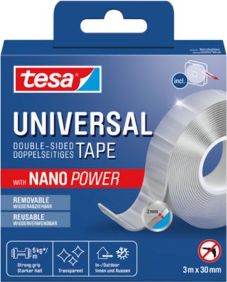 tesa® Universal doppelseitiges Tape Nano Power, bis 5 kg/m, 3m x 30mm, hochtransparent