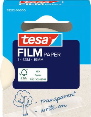 tesafilm® Paper Klebefilm, transparent, 19 mm x 33 m, leise abrollend, lösungsmittelfrei, 1 Rolle