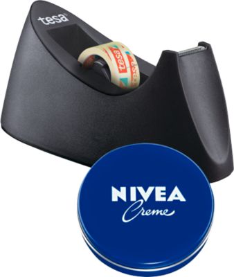 Tischabroller tesa Easy Cut® CURVE, inkl. Rolle L 10 m x B 19 mm + gratis Nivea-Dose 75 ml