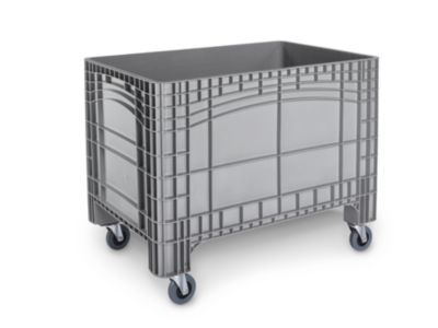 Transport-und Stapelbehälter, ohne Deckel, Boden & Wände geschlossen, Volumen 535 l, Traglast bis 300 kg, Lenk- & Bockrollen, B 1200 x T 800 x H 950 mm, lebensmittelechtes Polyethylen, grau