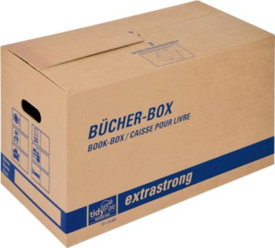 Transportbox Bücher-Box, besonders stabil, verstärkte Tragegriffe, doppelter Boden, Beschriftungsfelder, B 580 x T 300 x H 340 mm, Wellpappe, braun