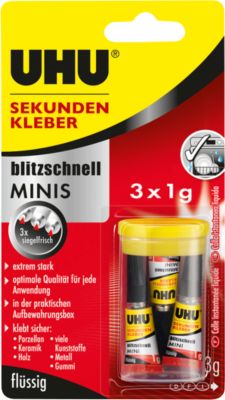 UHU Sekundenkleber blitzschnell Minis 3 x 1 g, flüssig, wasserfest, 3er Set