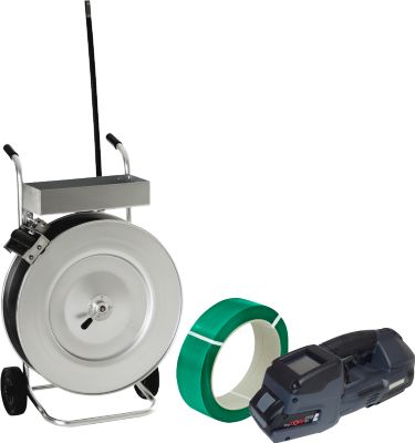 Umreifungsset, 3-teilig, Abrollwagen, Akku Umreifungsgerät Banholzer und Wenz BXT4-16, PET Polyesterband mit L 1700 x B 15,5 mm, Stärke 0,7 mm