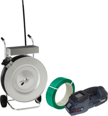 Umreifungsset, 3-teilig, Abrollwagen, Akku Umreifungsgerät Banholzer und Wenz BXT4-19, PET Polyesterband mit L 1200 m x B 18,5 mm, Stärke 0,85 mm