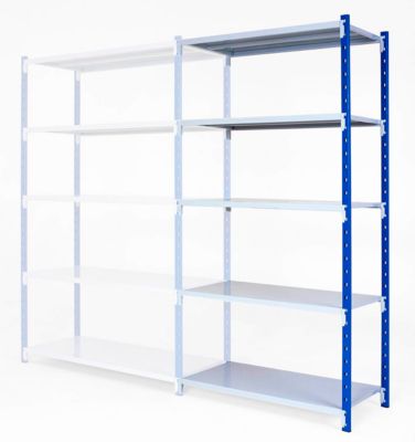 Universele boutloze legbordstellingen, aanbouwdeel, 5 stalen legborden, max. belasting 200 kg, B 1250 x H 2000 x D 300 mm.