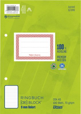 Ursus Ringbuchblock Green, DIN A5, liniert, 100 Blatt