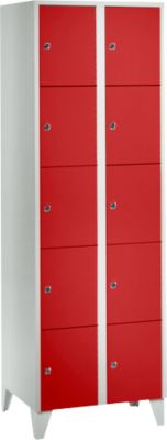 Vakkenkast 300 mm, 2 compartimenten, 10 vakken, veiligheidscilinderslot, poot, vuurrood
